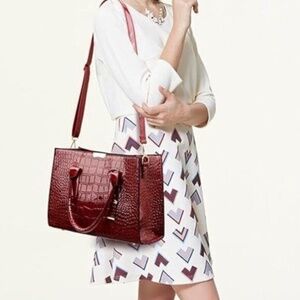 Burgundy and Red Faux Crocodile Embossed patent leather top handle Crossbody Bag